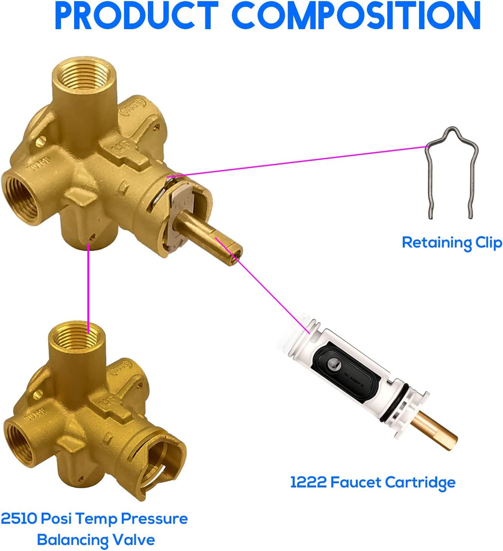 Pressure Balancing Valve, Brass Tub and Shower Valve, 1/2 Inch IPS with Cartridge A5997
