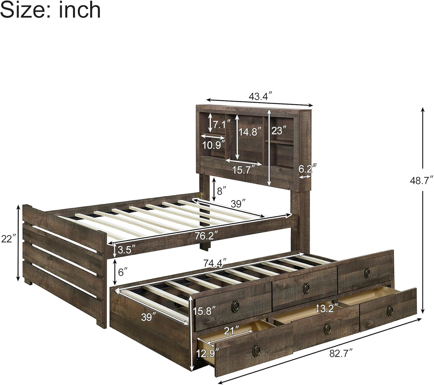 Twin Size Bookcase Captain Bed with Drawers and Trundle V912833