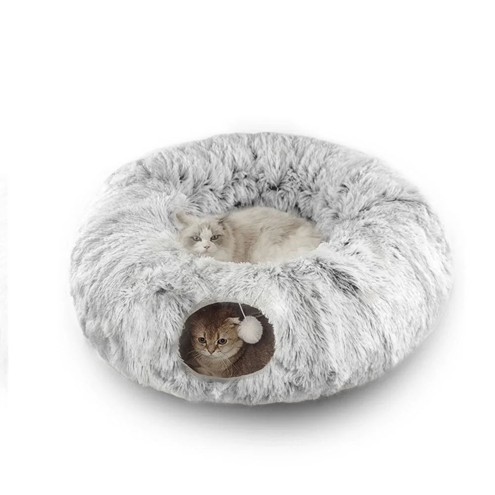 Cat Tunnel with Soft Plush Cat Bed for Indoor Kittens, Grey U77939