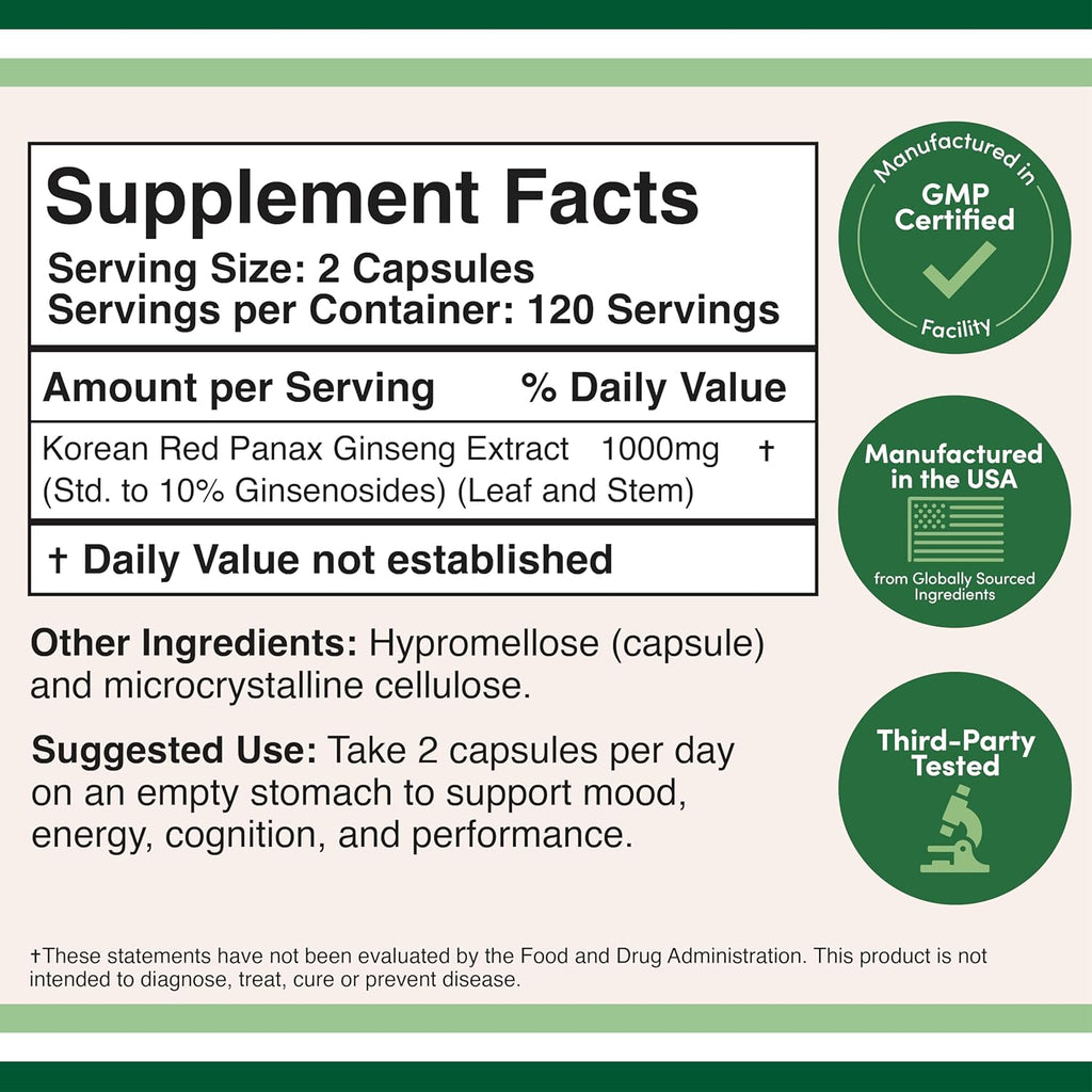 Korean Red Ginseng Extract Capsules 1000mg, 240 Vegan Capsules B3039