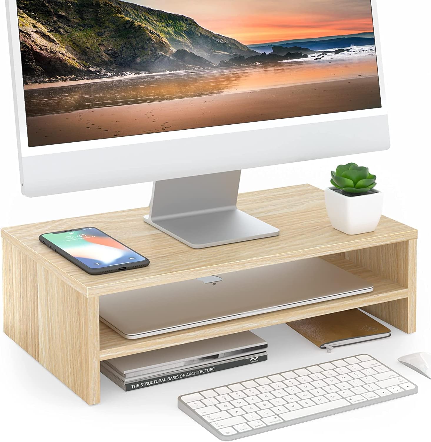 2-Tier Monitor Stand with 4-Tier Desk Paper Sorter, Light Wood E739