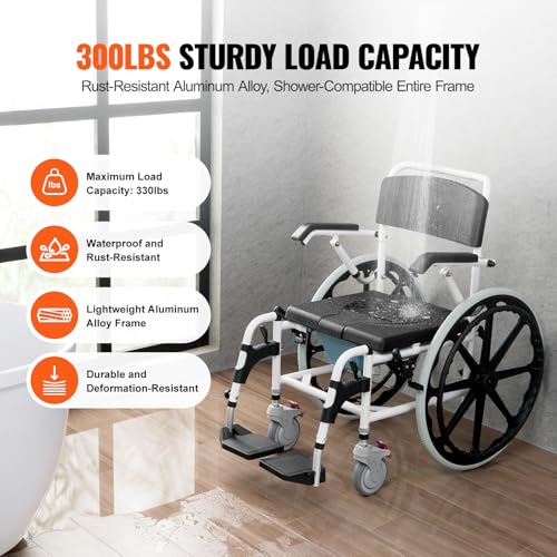 Shower Wheelchair, 17.5in Width Aluminum Alloy, Adjustable Rolling Chair with Brake for Disabled Adult J838