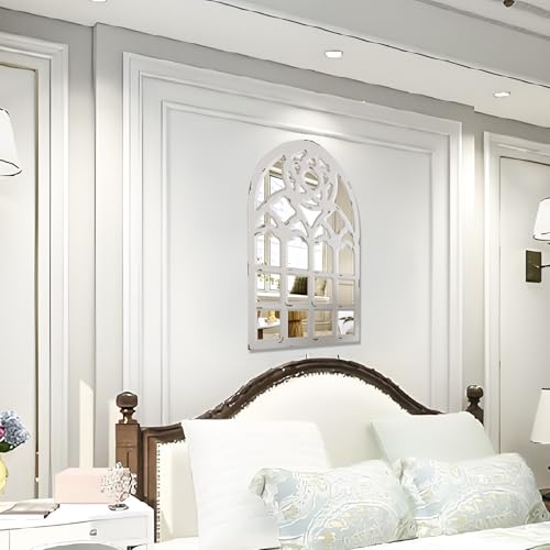 Arched Window Mirror, Wood Framed Wall Decor, White F3286