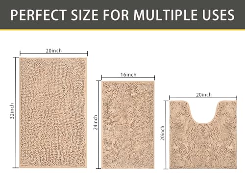 Bathroom Rug Set 3 Piece Non Slip Thick Chenille Absorbent Machine Washable M3487
