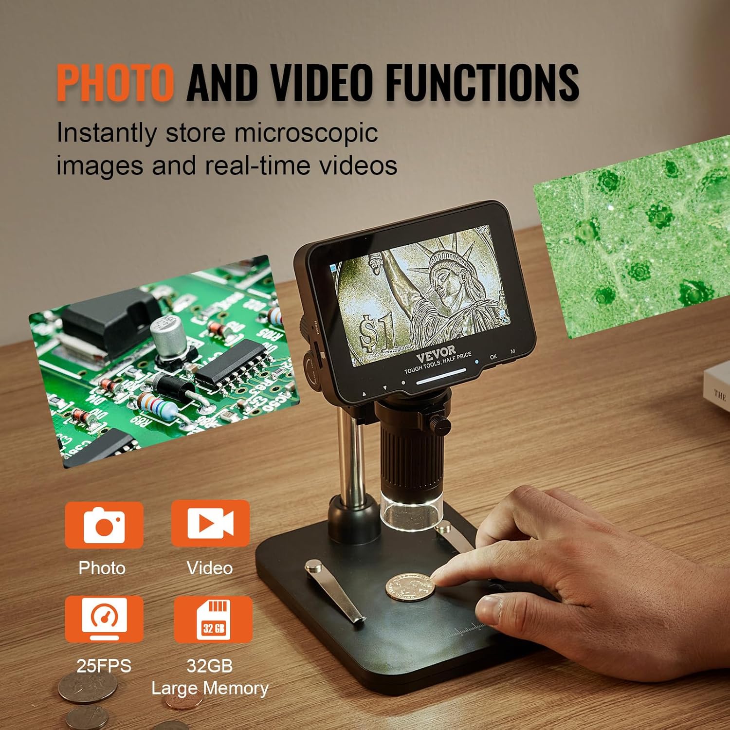 LCD Digital Microscope 4.3" IPS Screen 50X-1000X with 8 LED Lights W654498