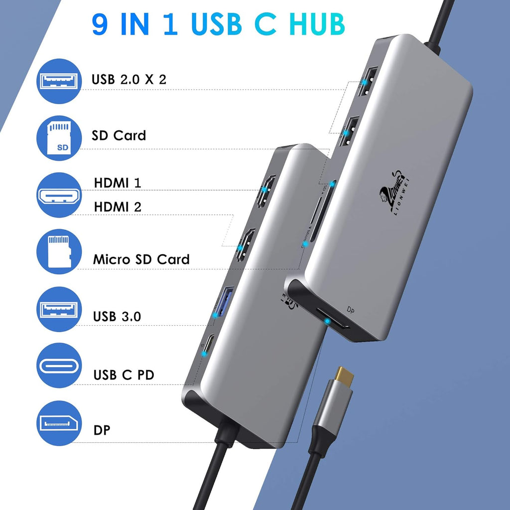 9-in-1 USB C Dual HDMI Docking Station with DisplayPort, 87W PD, SD Card Reader E968237