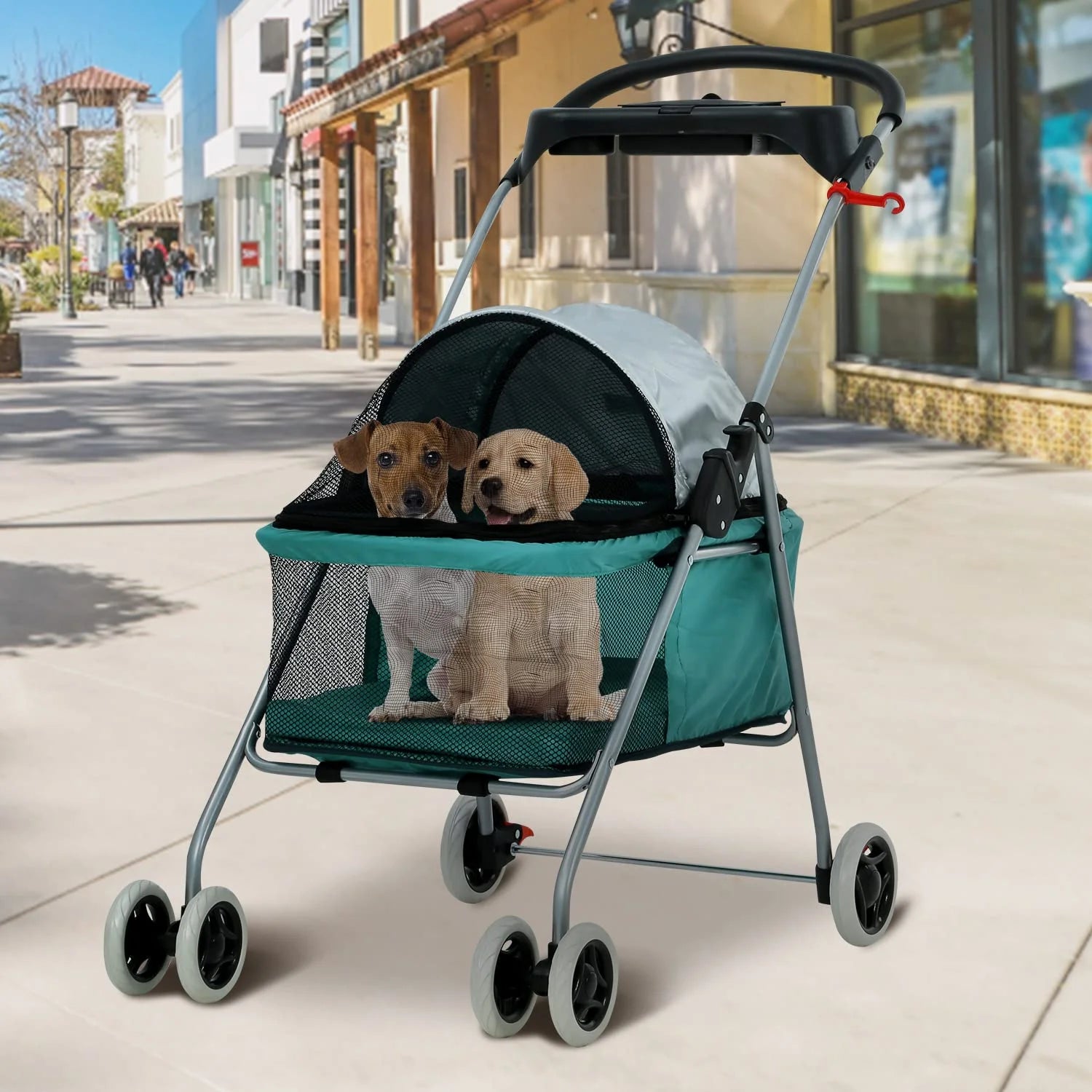 Folding 4-Wheel Dog Stroller with Cup Holders, Teal M49429