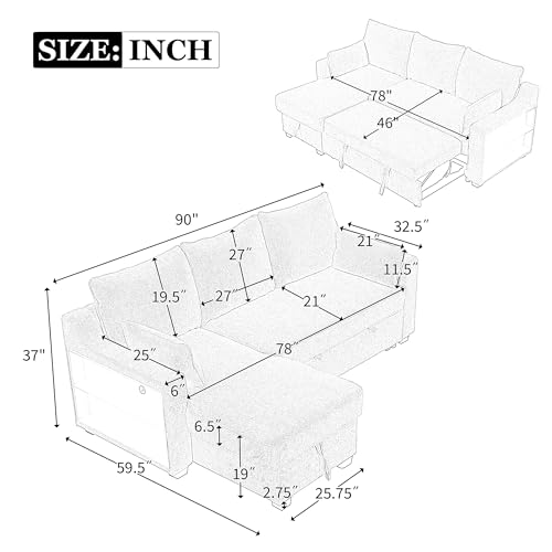 Pull Out Sleeper Sofa Bed with Storage Chaise, L-Shaped, Light Brown G87880