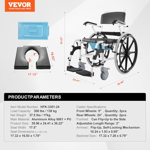 Shower Wheelchair, 17.5in Width Aluminum Alloy, Adjustable Rolling Chair with Brake for Disabled Adult J838