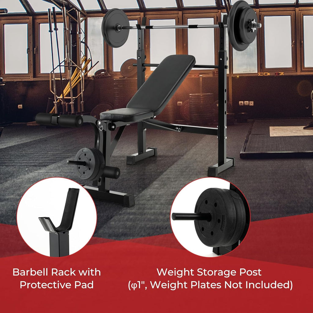 Adjustable Weight Bench with Squat Racks, Leg Extension & Leg Curl for Home Gym I38285