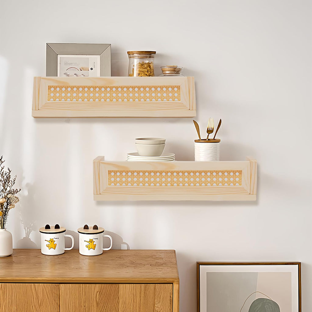 Rattan Wall Shelf Set of 3, Boho Hanging Bookshelves for Kids Room and Nursery U512