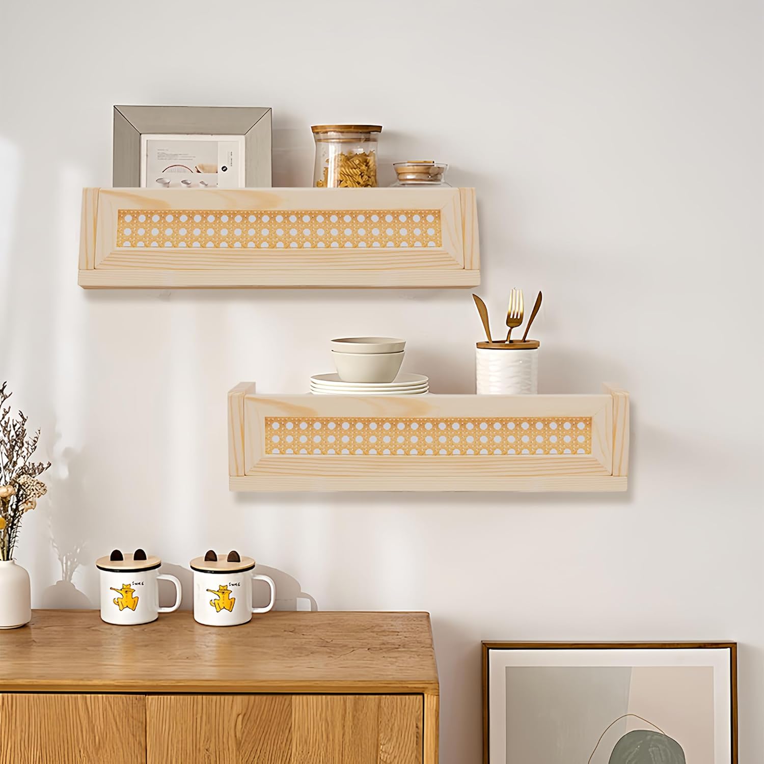 Rattan Wall Shelf Set of 3, Boho Hanging Bookshelves for Kids Room and Nursery U512