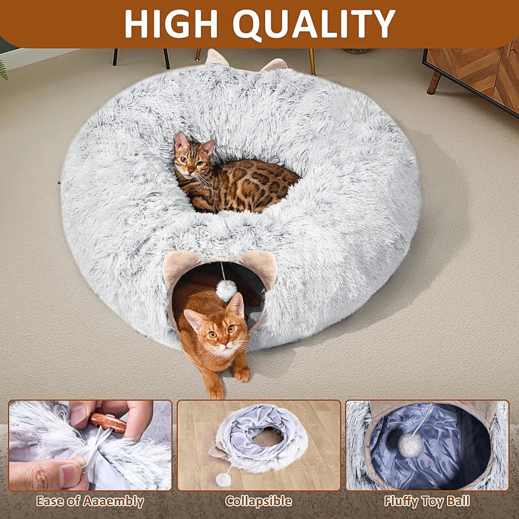 Cat Tunnel with Soft Plush Cat Bed for Indoor Kittens, Grey U77939