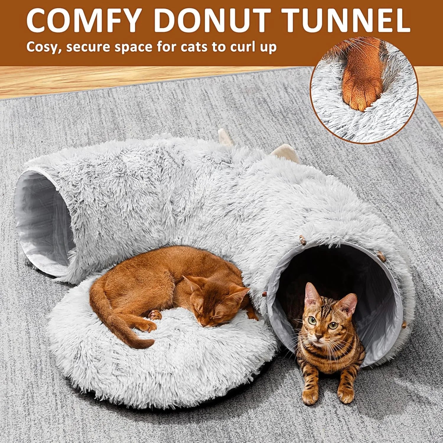 Cat Tunnel with Soft Plush Cat Bed for Indoor Kittens, Grey U77939