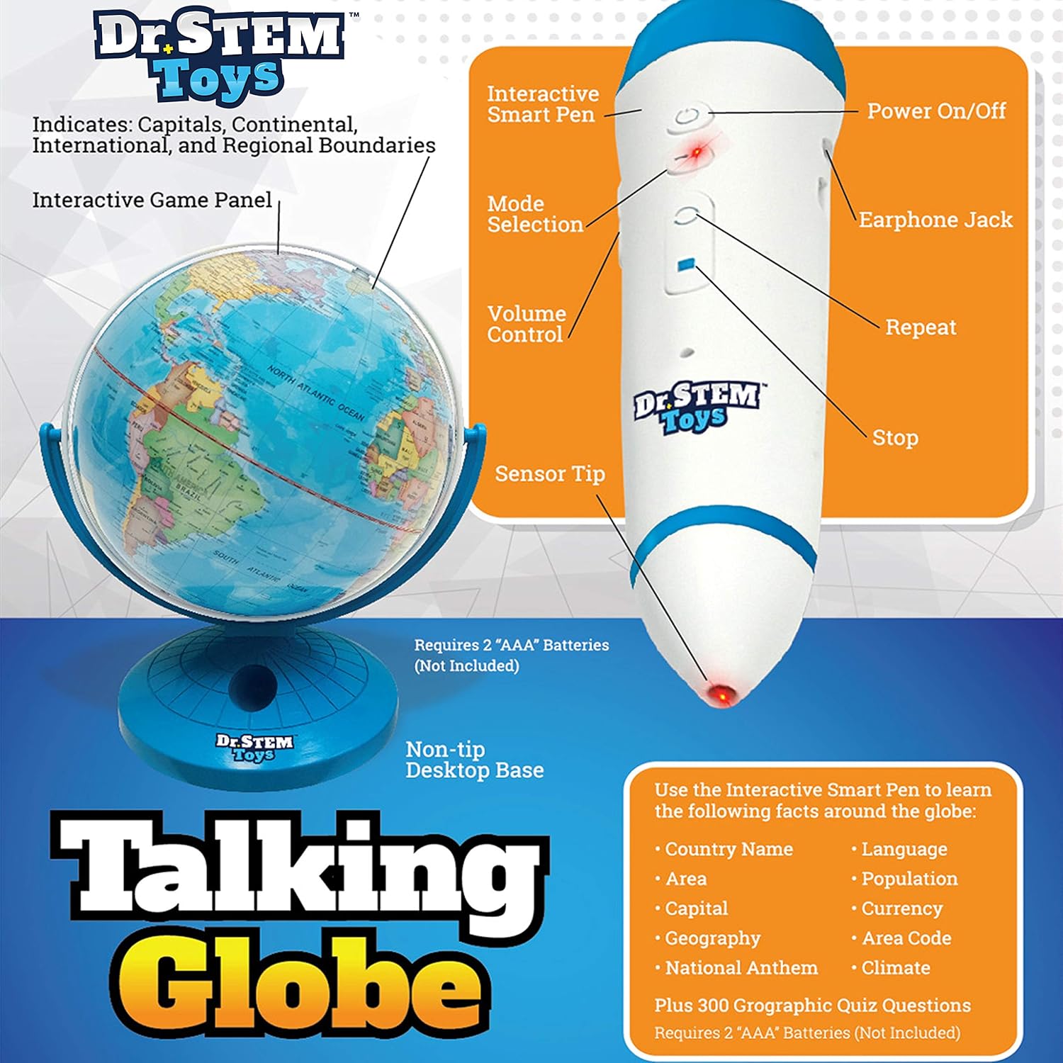 Talking World Globe with Interactive Stylus Pen and Stand, 9 Inches, Ages 6+ R449