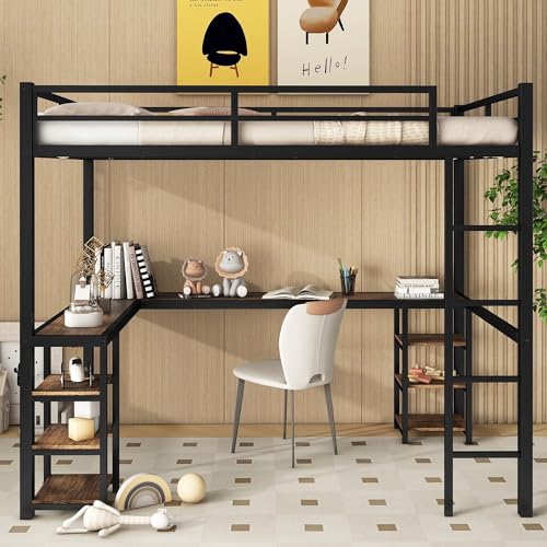 Full Size Metal Loft Bed with Desk and Storage Shelves S6260