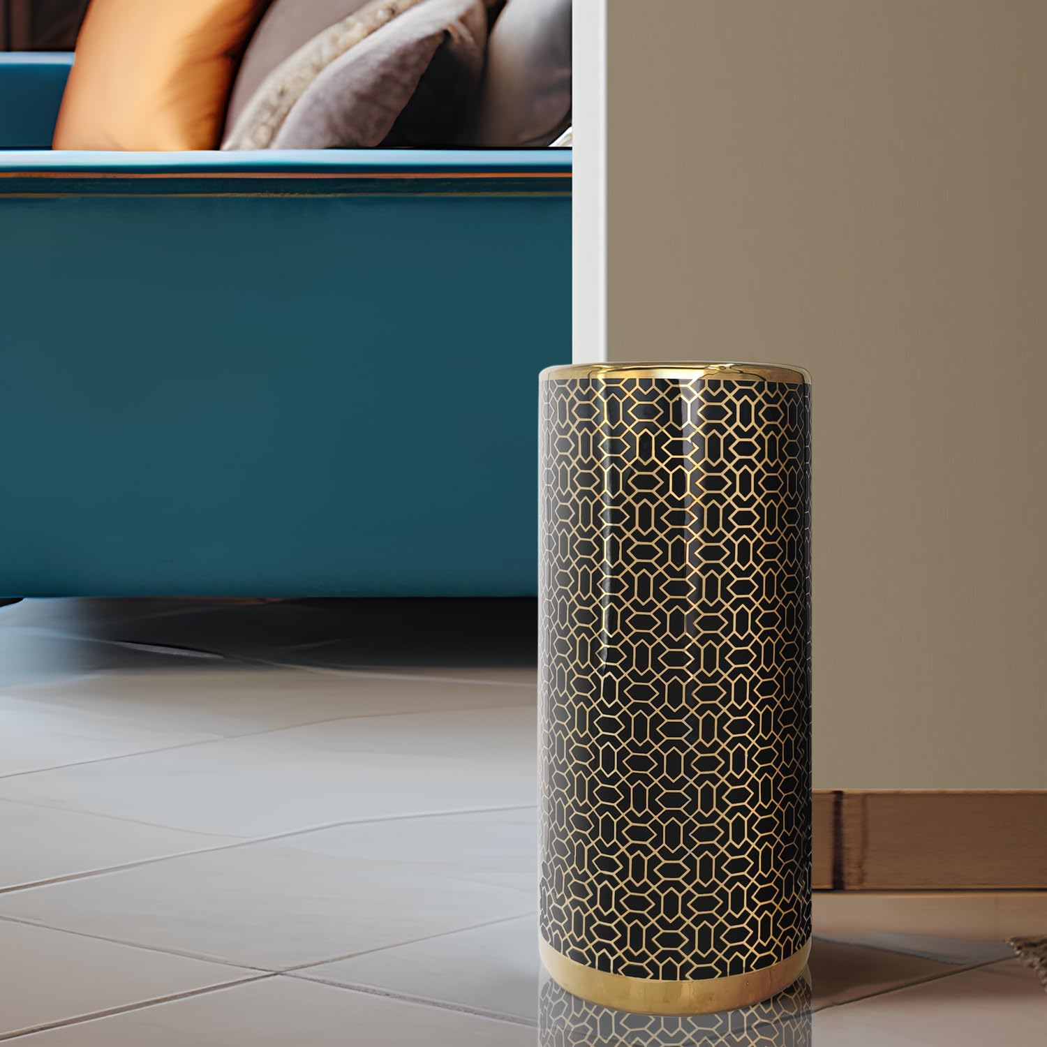 Ceramic Umbrella Stand for Entryway, 18" High, Black Gold X9681