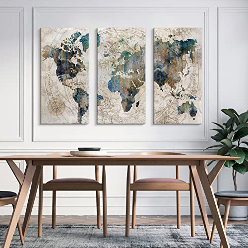 World Map Canvas Wall Art Poster Teal Blue Decor for Living Room Bedroom Office D5036