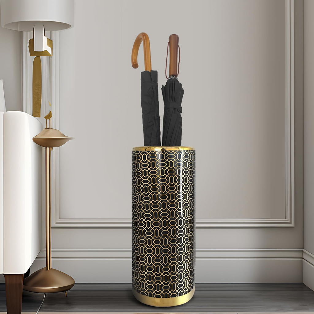 Ceramic Umbrella Stand for Entryway, 18" High, Black Gold X9681