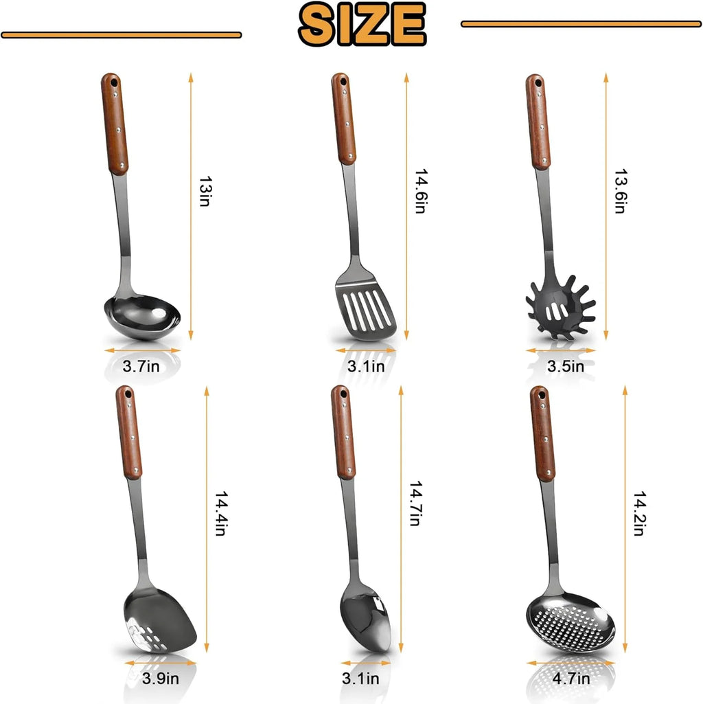 Stainless Steel Cooking Utensils Set, 6 Pieces with Wooden Handles D80852