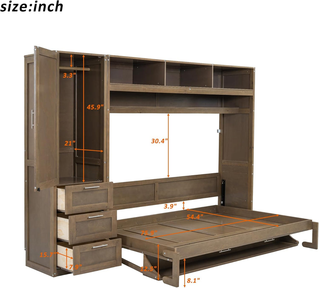 Full Size Murphy Bed Frame with Wardrobe, 3 Drawers and Shelves P729