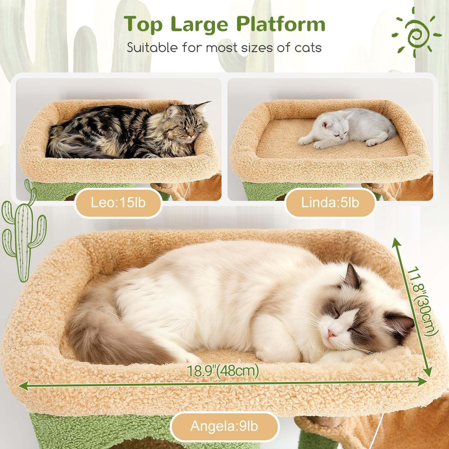 Multi-Level Cactus Climbing Tower for Indoor Cats with Large Platform and 3 Caves R347