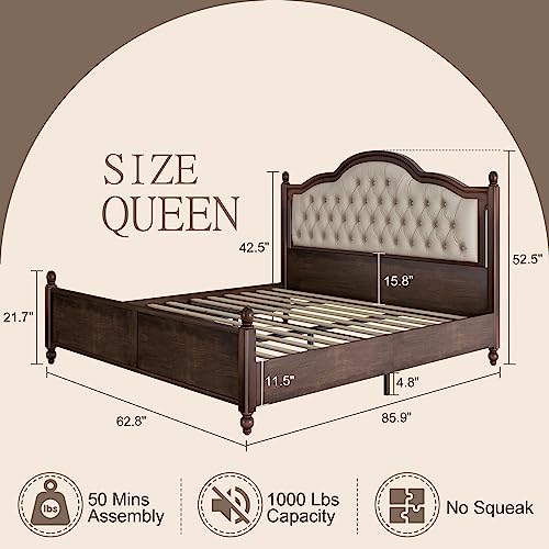 Queen Size Upholstered Platform Bed with Tufted Headboard, Wood Slat Support T634