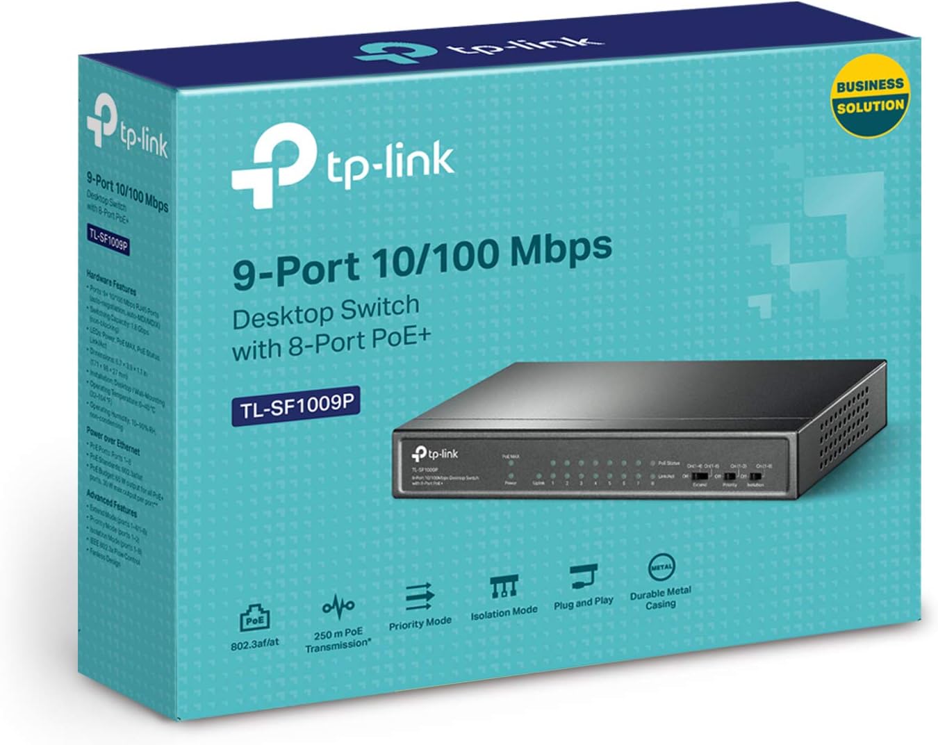 9 Port Fast Ethernet PoE Switch with 8 PoE+ Ports, 65W, Metal Housing I303