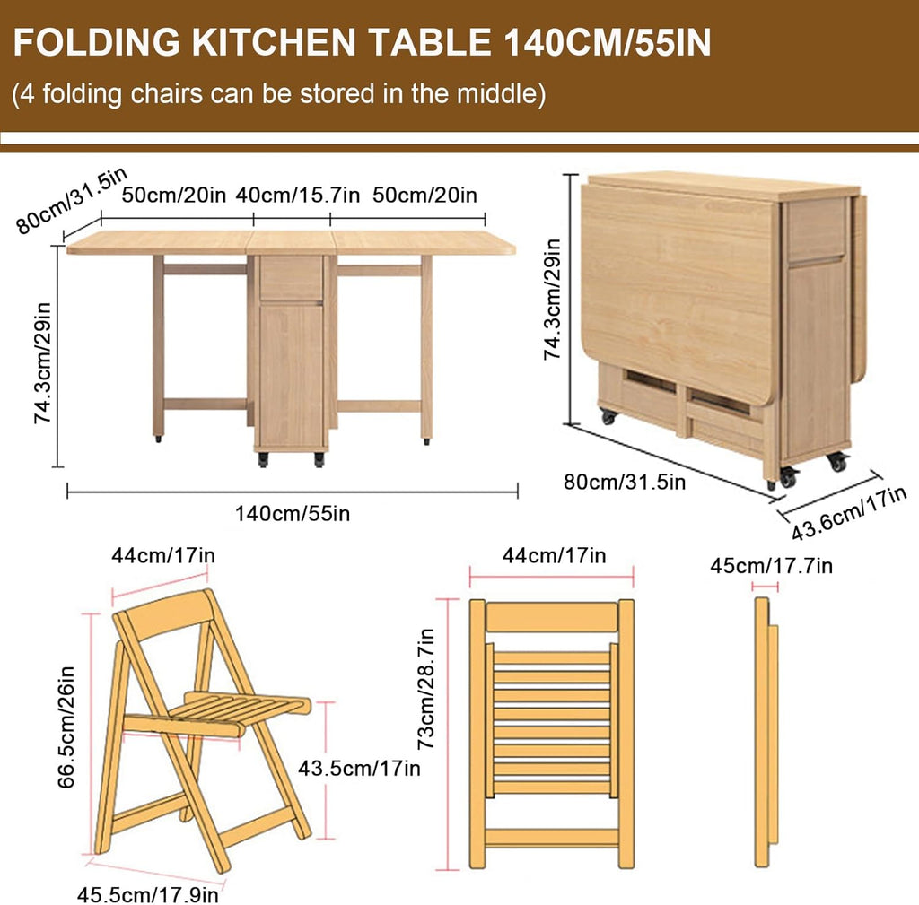 Folding Dining Table with 4 Chairs and Wheels H93552