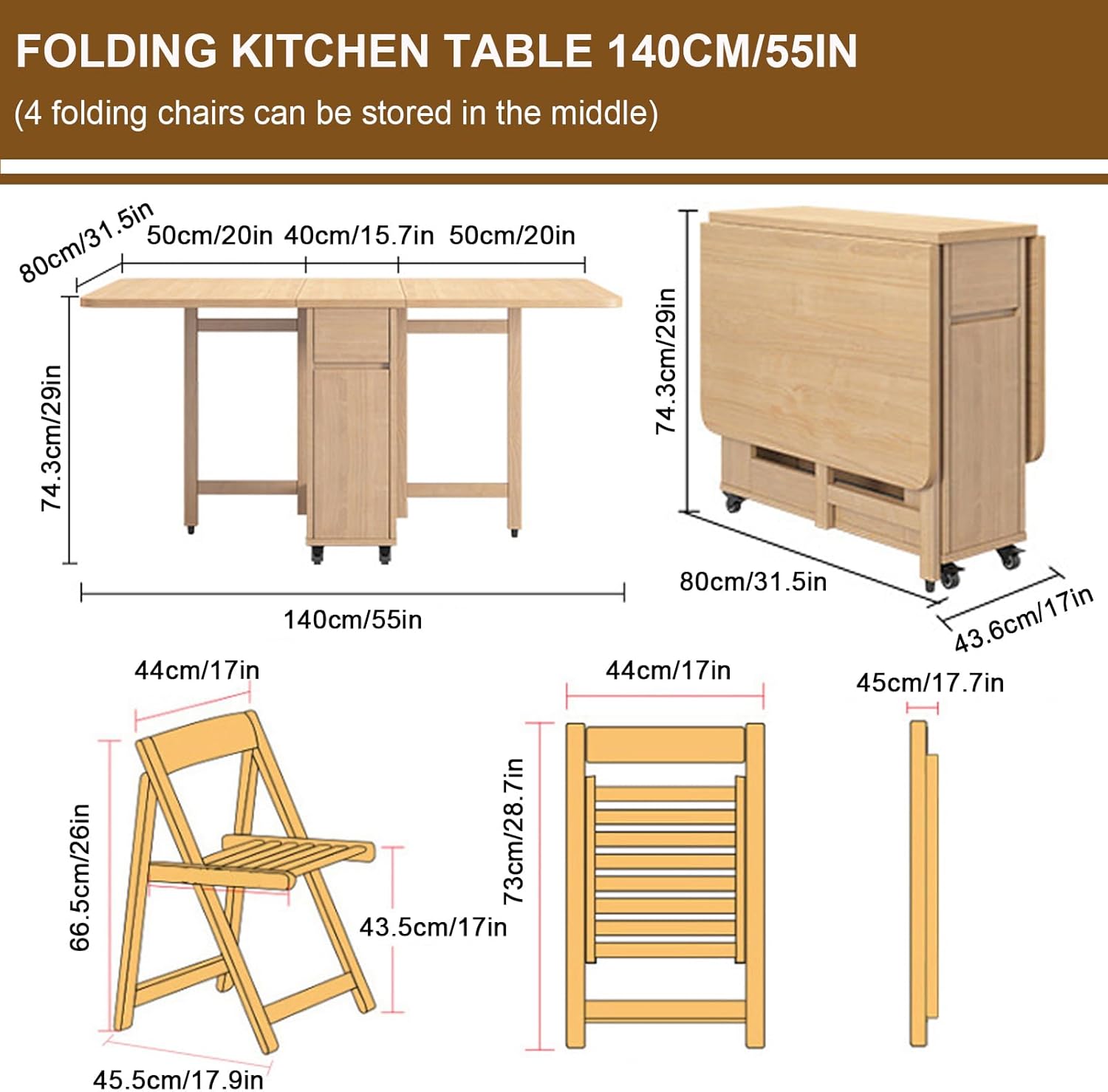 Folding Dining Table with 4 Chairs and Wheels H93552