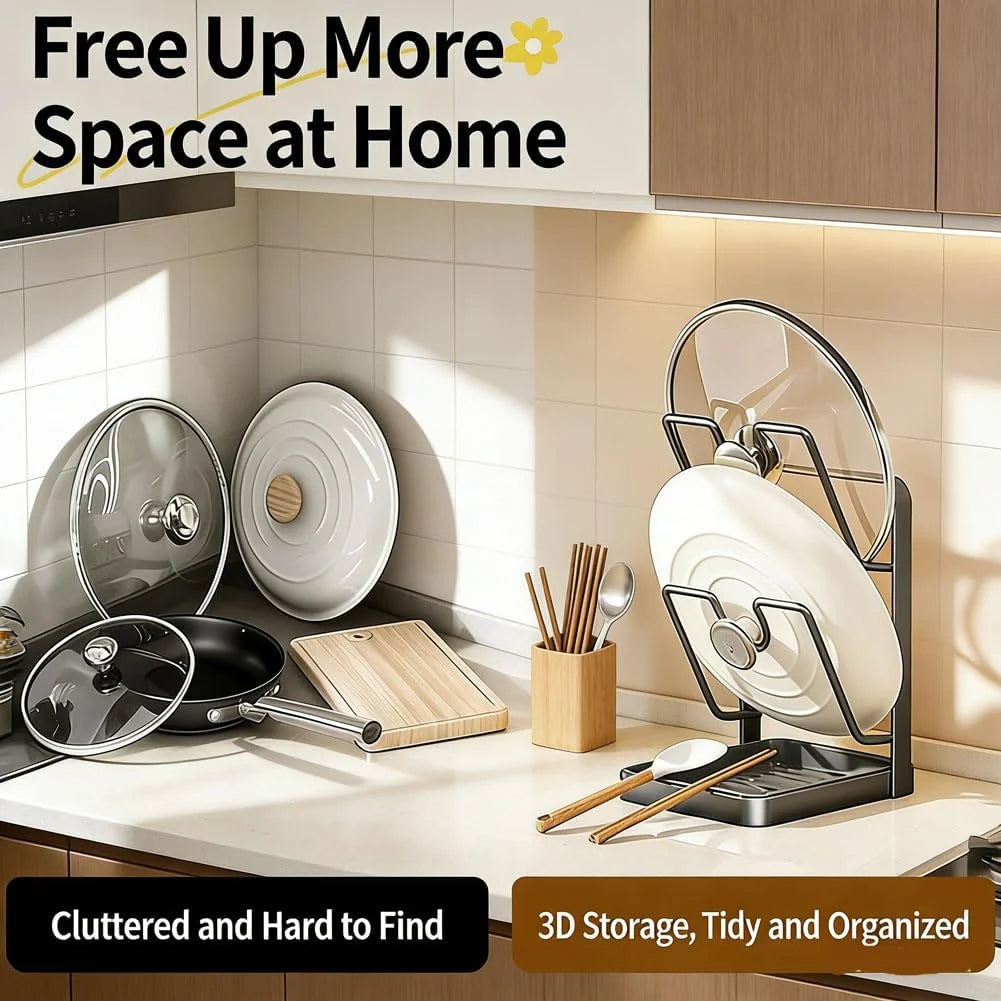 Stainless Steel Pot Lid Storage Rack with Removable Drip Tray H4387
