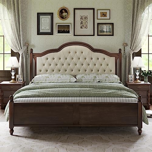 Queen Size Upholstered Platform Bed with Tufted Headboard, Wood Slat Support T634