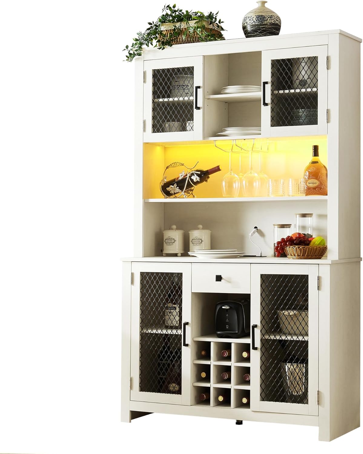 70" Rustic Sideboard Buffet with LED, Outlets and Wine Rack X99871