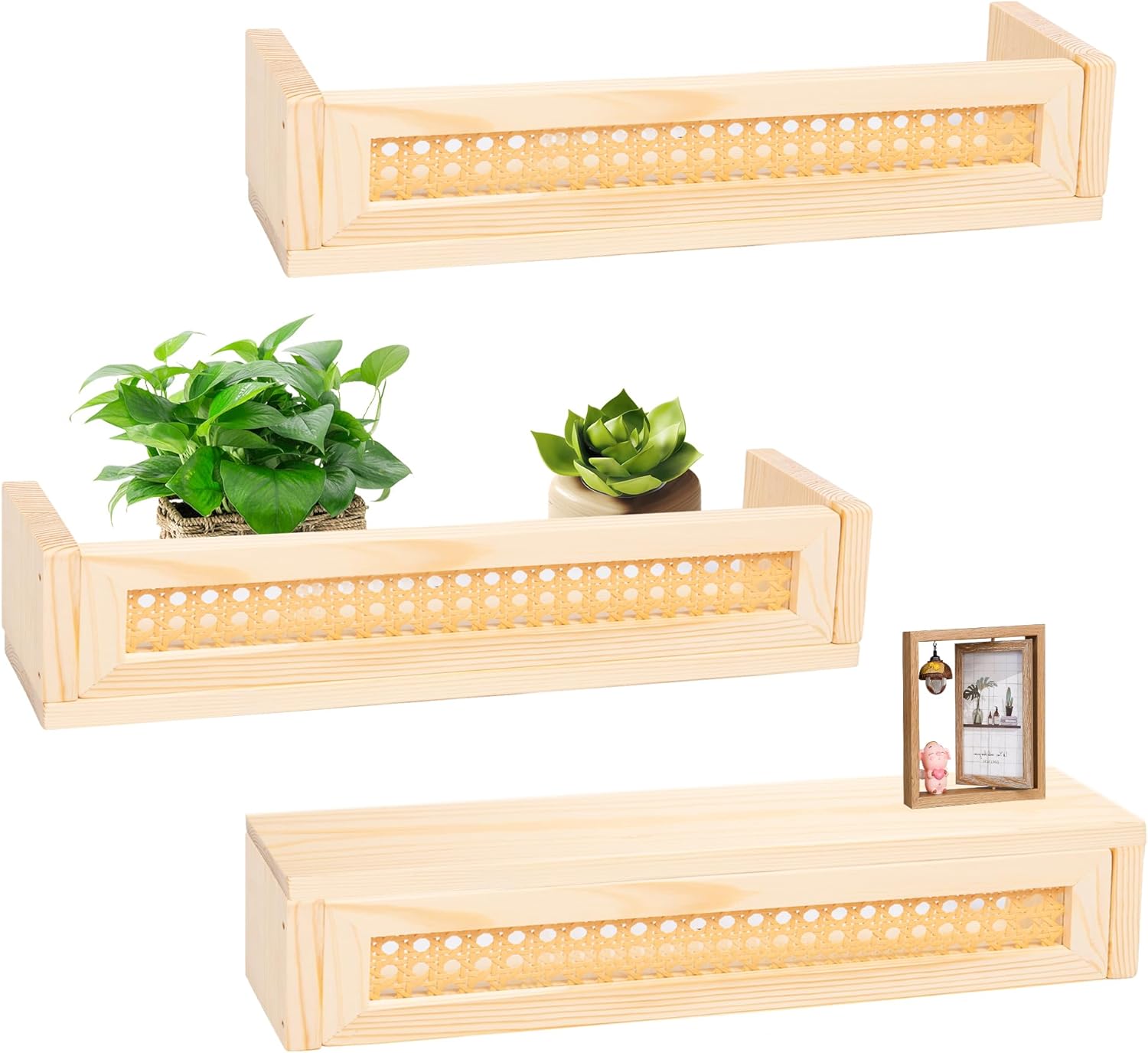Defined Deco 16” Rattan Shelf Set of 3 for Wall Decor, Boho Rattan Bookshelves Wood Hanging Floating Shelves for Kids Room, Baby Bookcase for Nursery, Hanging Bookshelves for Playroom, Bedroom Decor
