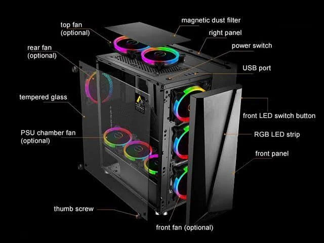 ATX Mid Tower PC Case with Tempered Glass Side and RGB Front A60740