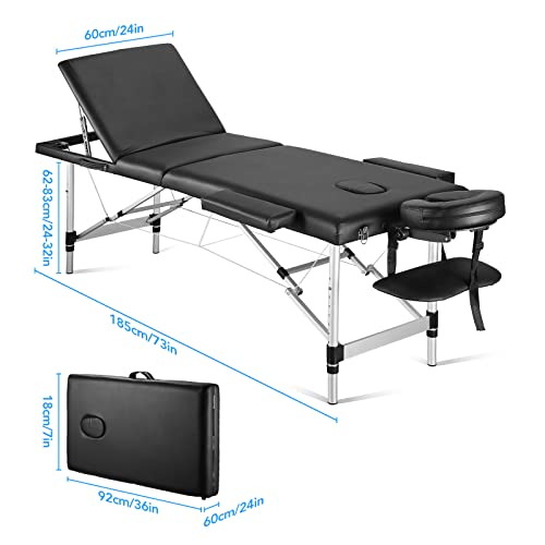 Portable Massage Table 3 Fold 23.6" Wide, Height Adjustable with Headrest, Armrests and Carry Bag O185235
