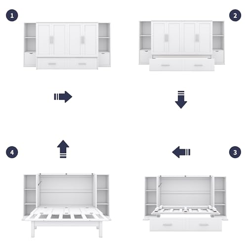 Queen Murphy Bed with Shelves and Storage Drawers, Wood Wall Bed Frame with USB Ports G70577