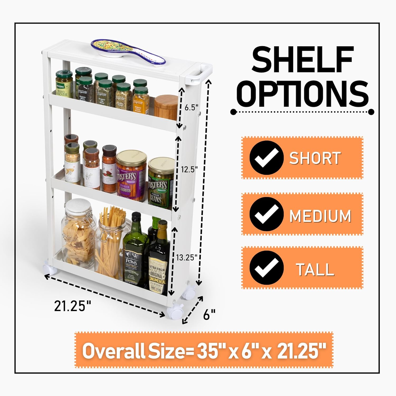 Narrow 4-Tier Rolling Storage Cart with Wheels and Adjustable Shelving W146333