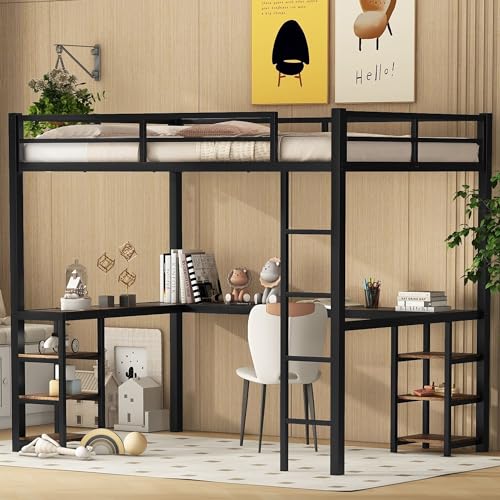 Full Size Metal Loft Bed with Desk and Storage Shelves S6260