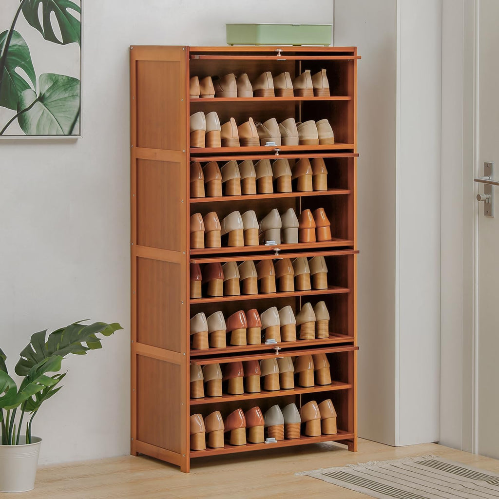 Bamboo 8 Tier Freestanding Shoe Storage Cabinet with Flip Doors P9230