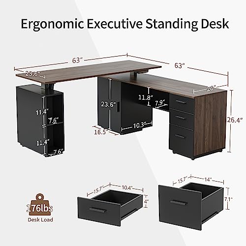 L Shaped Electric Standing Desk with File Cabinet, Black Walnut X736