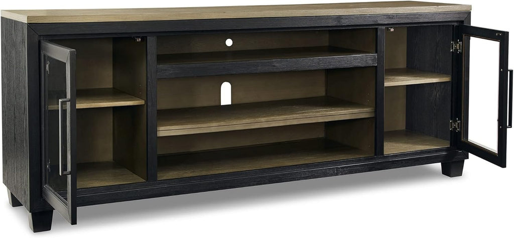 83 Inch TV Entertainment Media Console, 2 Door, Wood, Glass, Black and Brown M28354