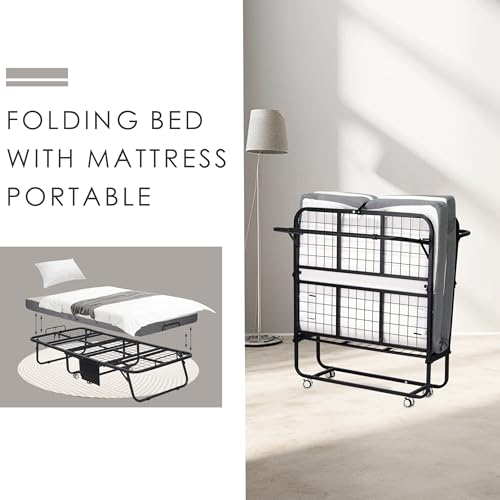 Folding Bed with Mattress, Portable Rollaway Bed for Adults, Sturdy Metal Frame with Wheels H137009