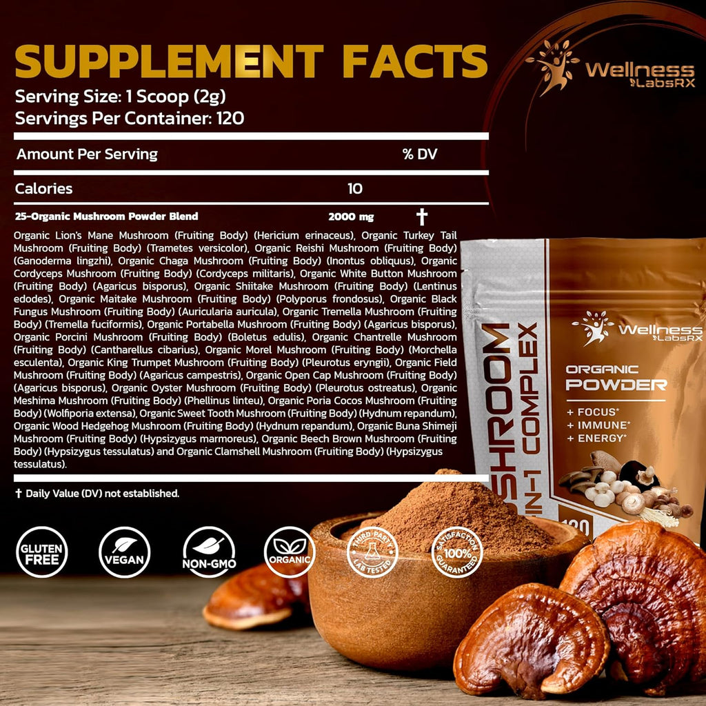 Organic Mushroom Supplement Powder, 25 Superfood Blend, 120 Servings S400