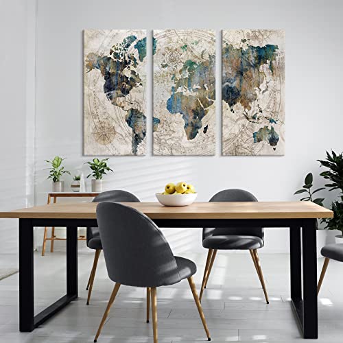 World Map Canvas Wall Art Poster Teal Blue Decor for Living Room Bedroom Office D5036