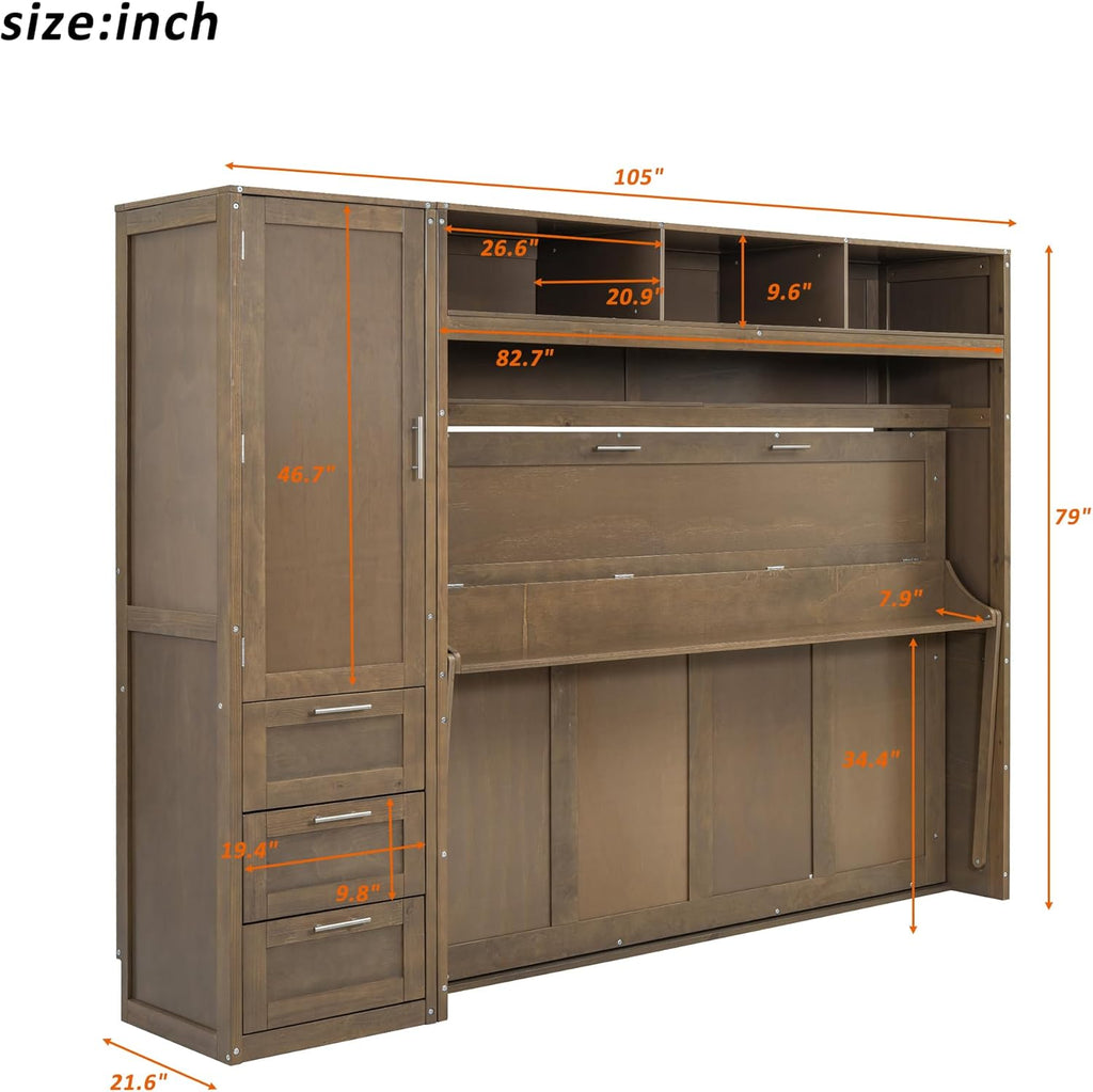 Full Size Murphy Bed Frame with Wardrobe, 3 Drawers and Shelves P729