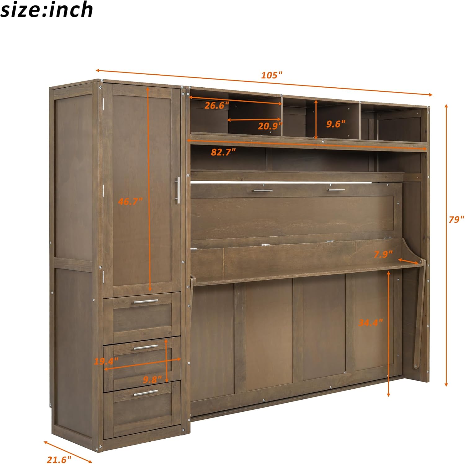 Full Size Murphy Bed Frame with Wardrobe, 3 Drawers and Shelves P729