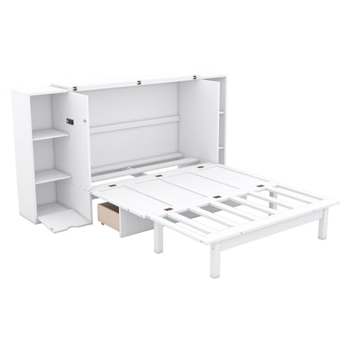 Queen Murphy Bed with Shelves and Storage Drawers, Wood Wall Bed Frame with USB Ports G70577