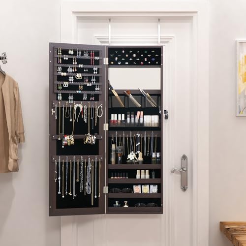 Jewelry Armoire with Mirror and Storage, Wall Mounted, Off-White Q880711