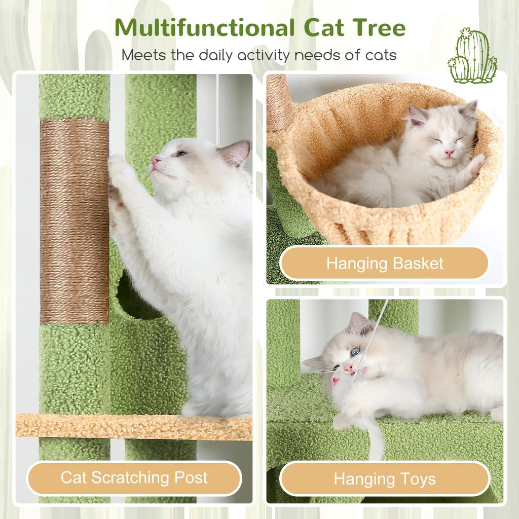 Multi-Level Cactus Climbing Tower for Indoor Cats with Large Platform and 3 Caves R347